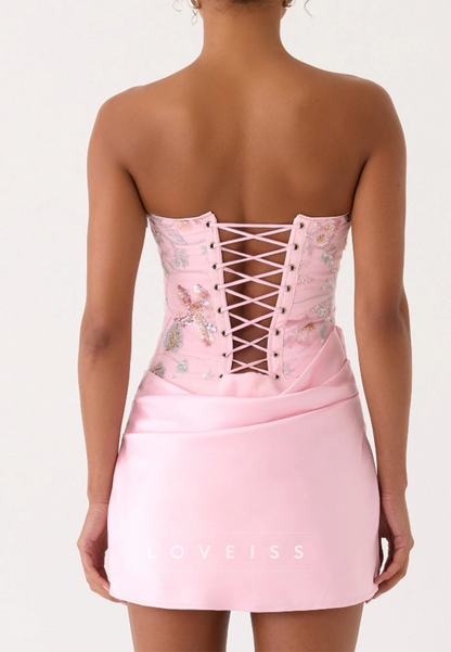 Strapless Embroidered Mini Dress with Lace-Up Corset Back