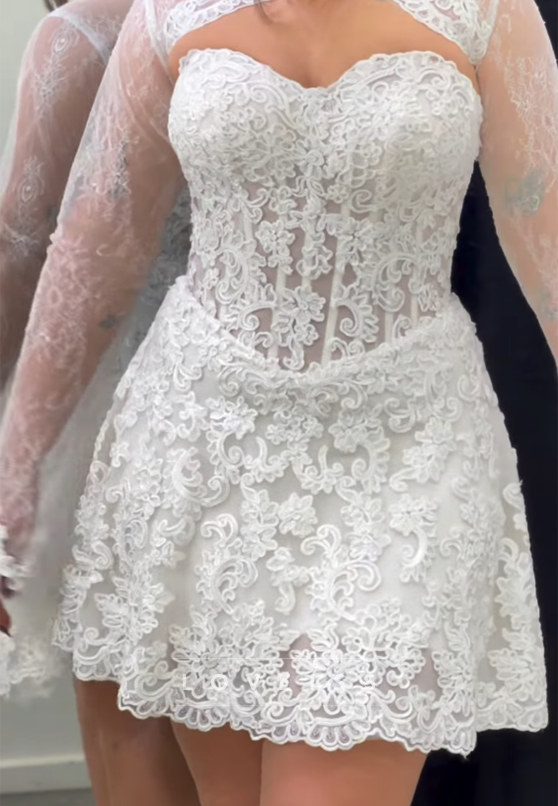 Lace Mini Dress with Bell Sleeves and Keyhole