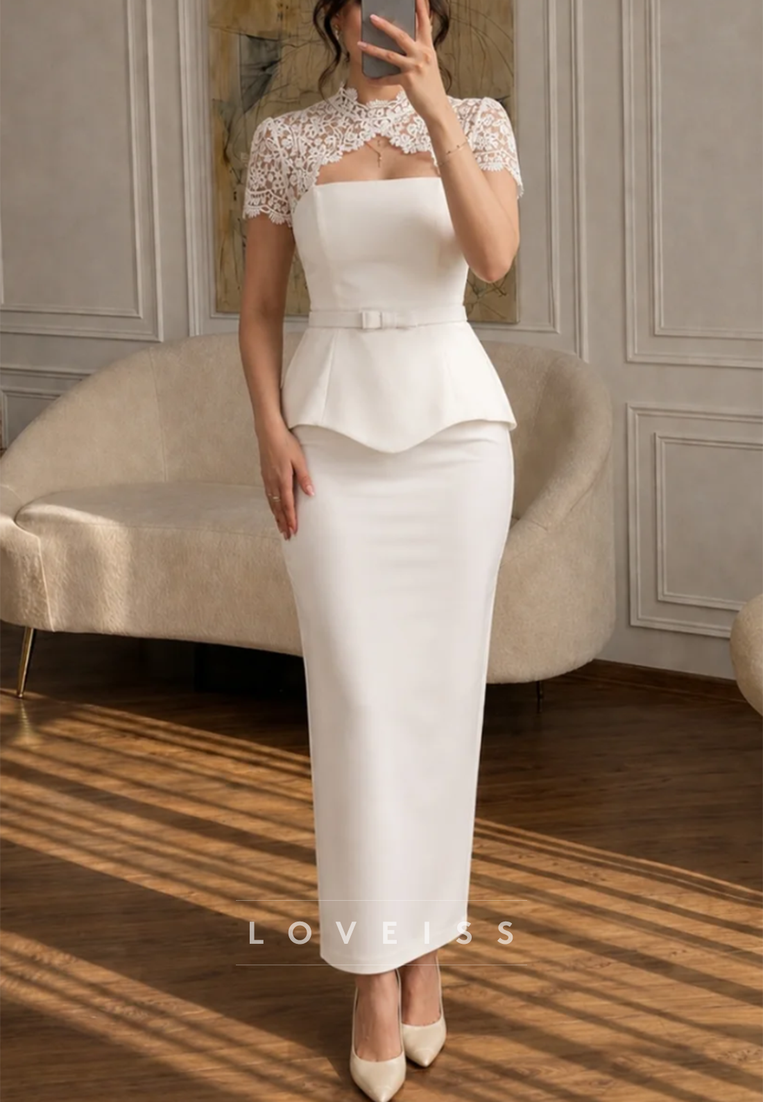 Lace Illusion Peplum Sheath Wedding Dress