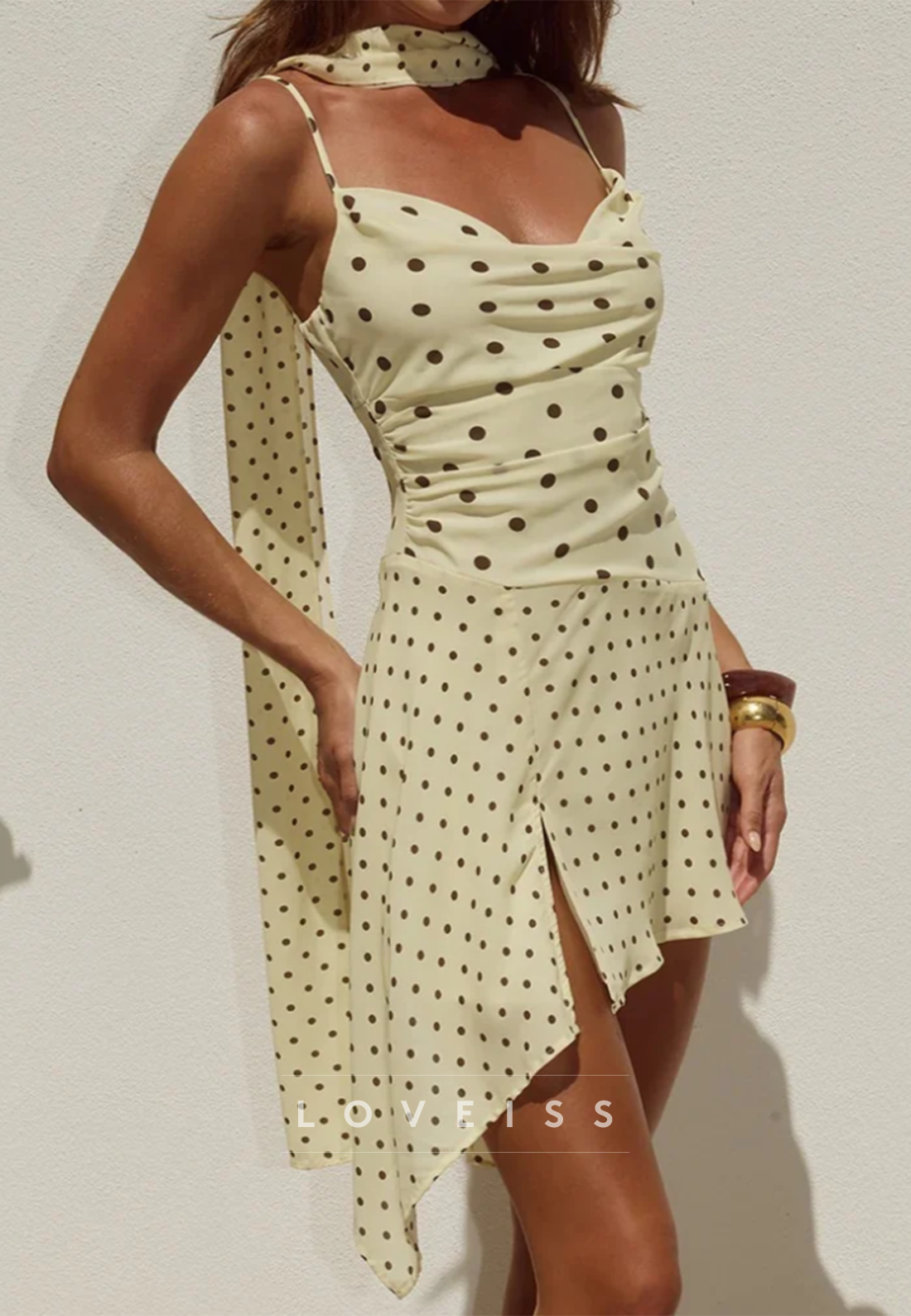 Polka Dot Cowl-Neck Mini Dress with Matching Scarf