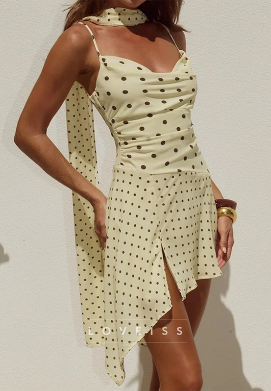 Polka Dot Cowl-Neck Mini Dress with Matching Scarf