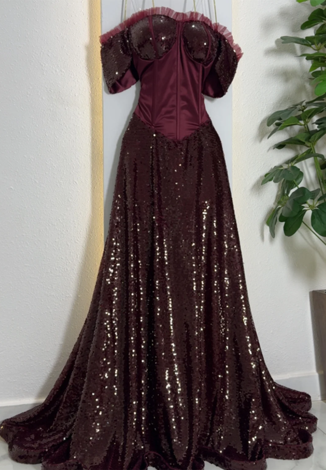 Sequin Corset Ball Gown with Off-Shoulder Sleeves