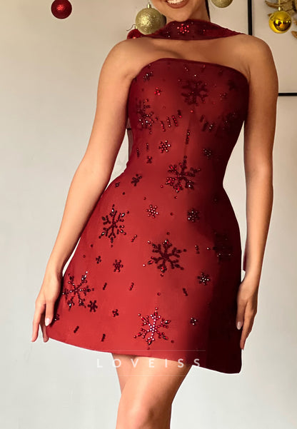 Beaded Snowflake Halter Mini Dress