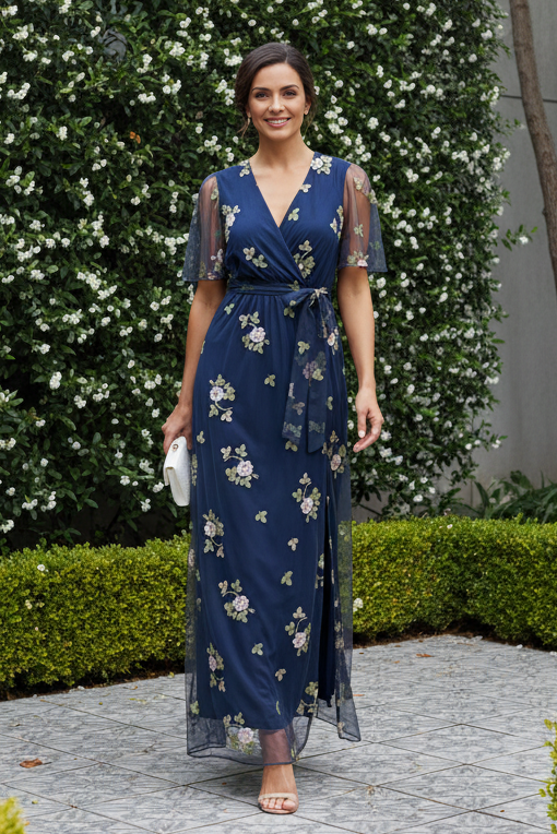 Floral Embroidered Flutter Sleeve Maxi Dress