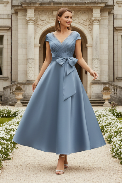 Pleated V-Neck Satin A-Line Gown with Bow