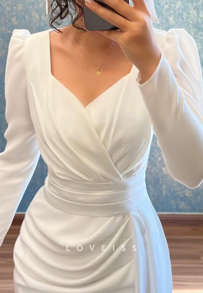 Long Sleeve Ruched Bridal Gown with High Slit