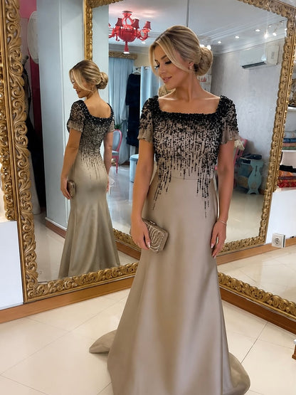 Square Neck Beaded Bodice Gown with Short Sleeves