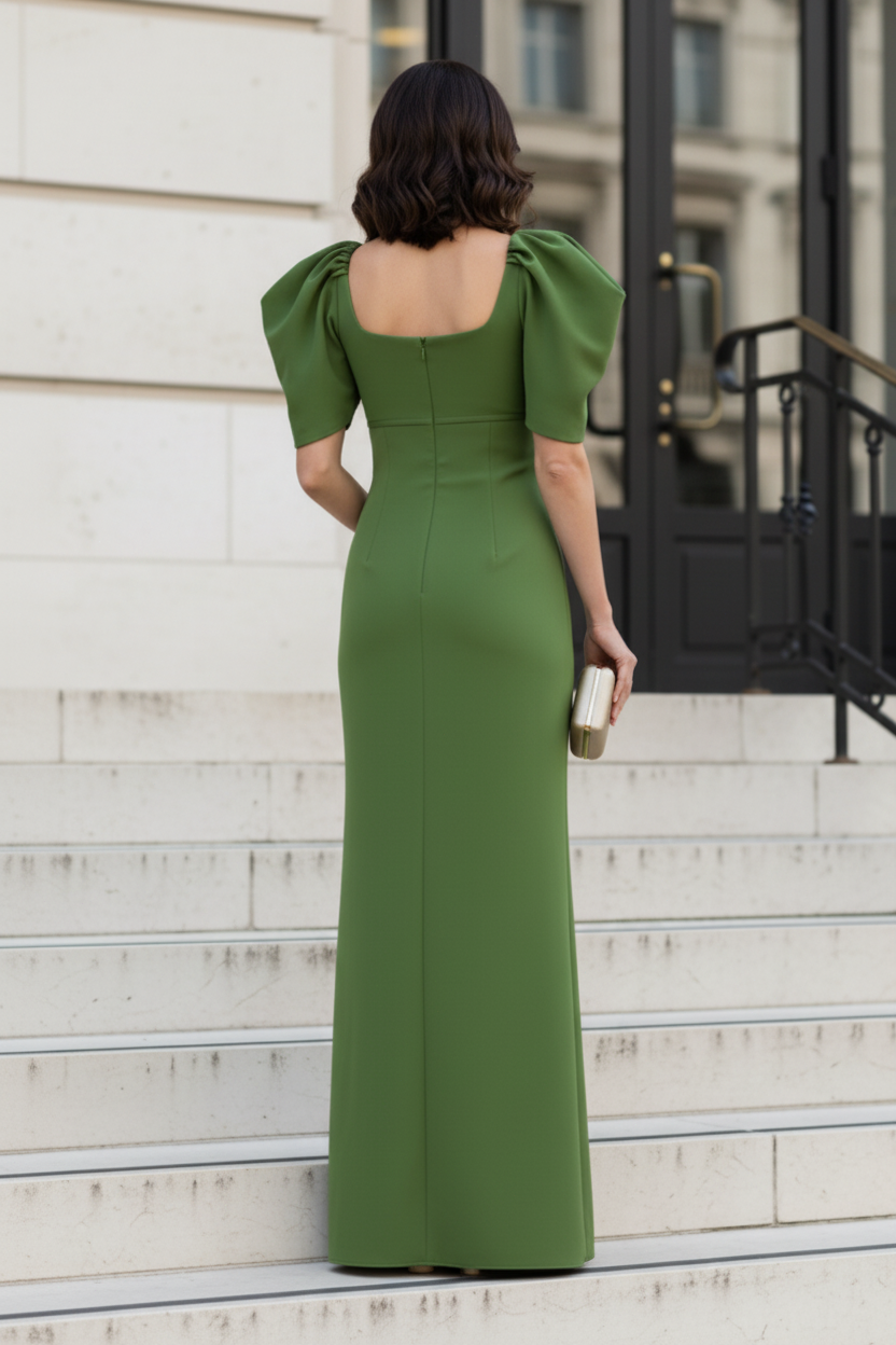 Puff Sleeve Square Neck Column Maxi Dress