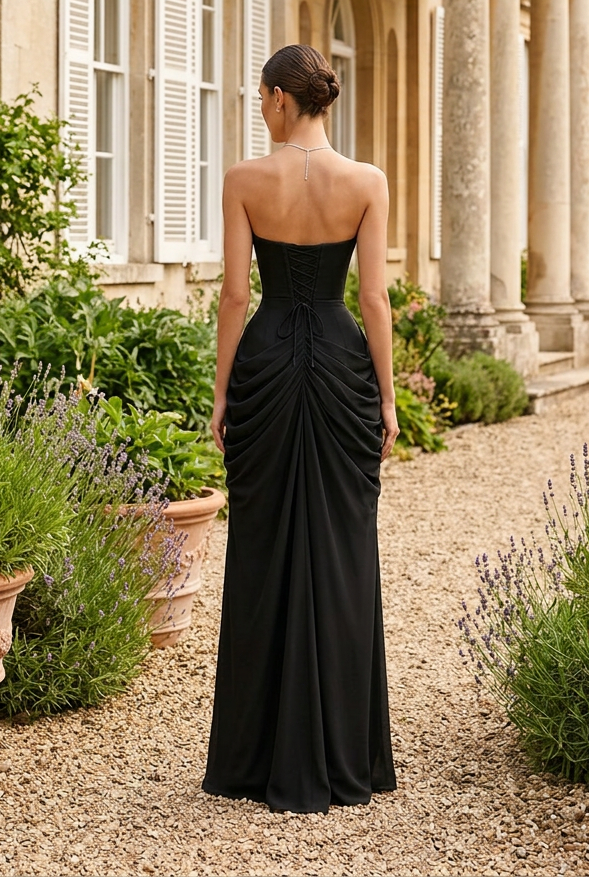 Strapless Ruched Gown with High Slit