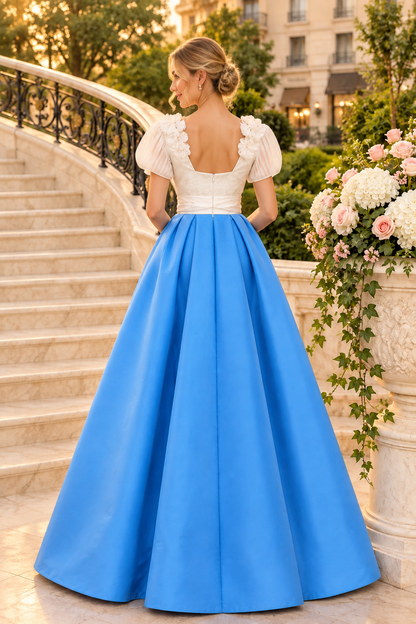 Short Sleeve Ball Gown with 3D Floral Appliques