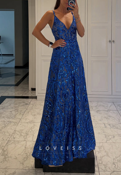 Sequin V-Neck A-Line Gown with Spaghetti Straps
