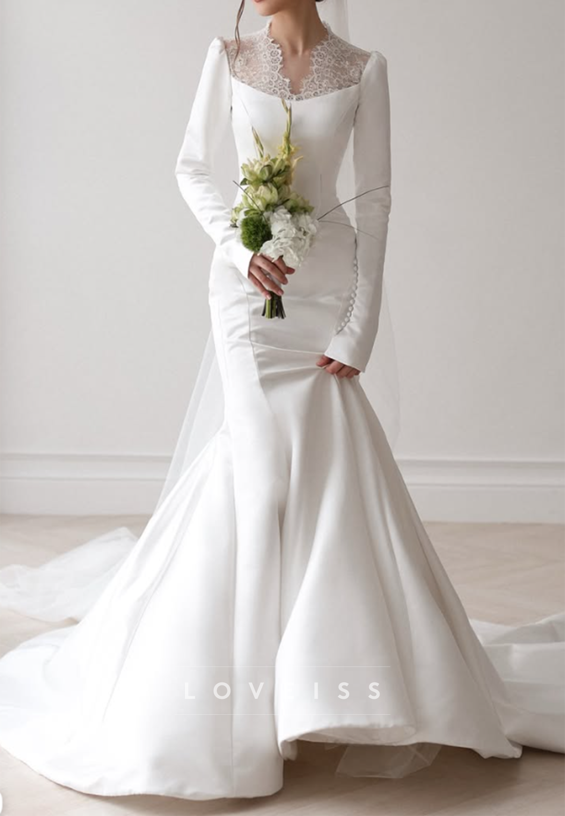 Lace Illusion Neckline Long Sleeve Mermaid Gown