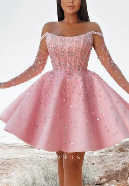 Off-the-Shoulder Beaded Corset Mini A-Line Dress