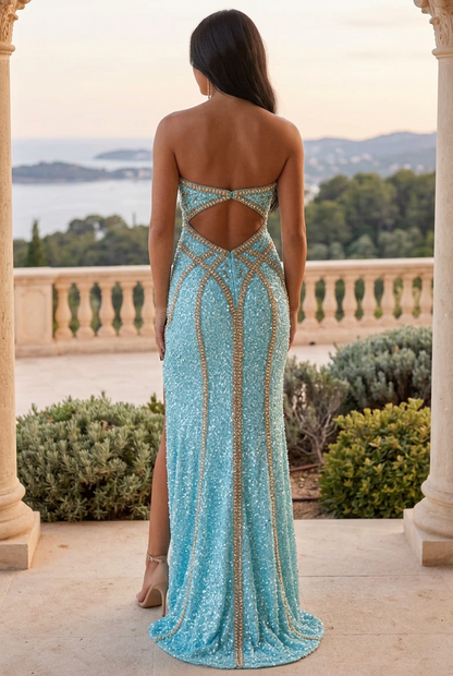 Beaded Sequin Gown with High Slit
