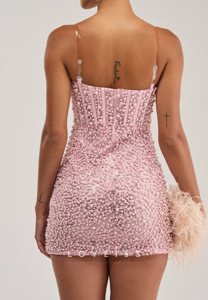 Pearl-Embellished Sequin Mini Dress with Corset Bodice