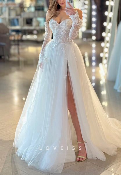 Off Shoulder Floral Lace Wedding Dress with Slit