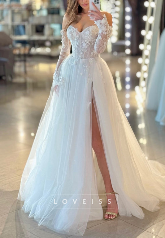 Off Shoulder Floral Lace Wedding Dress with Slit