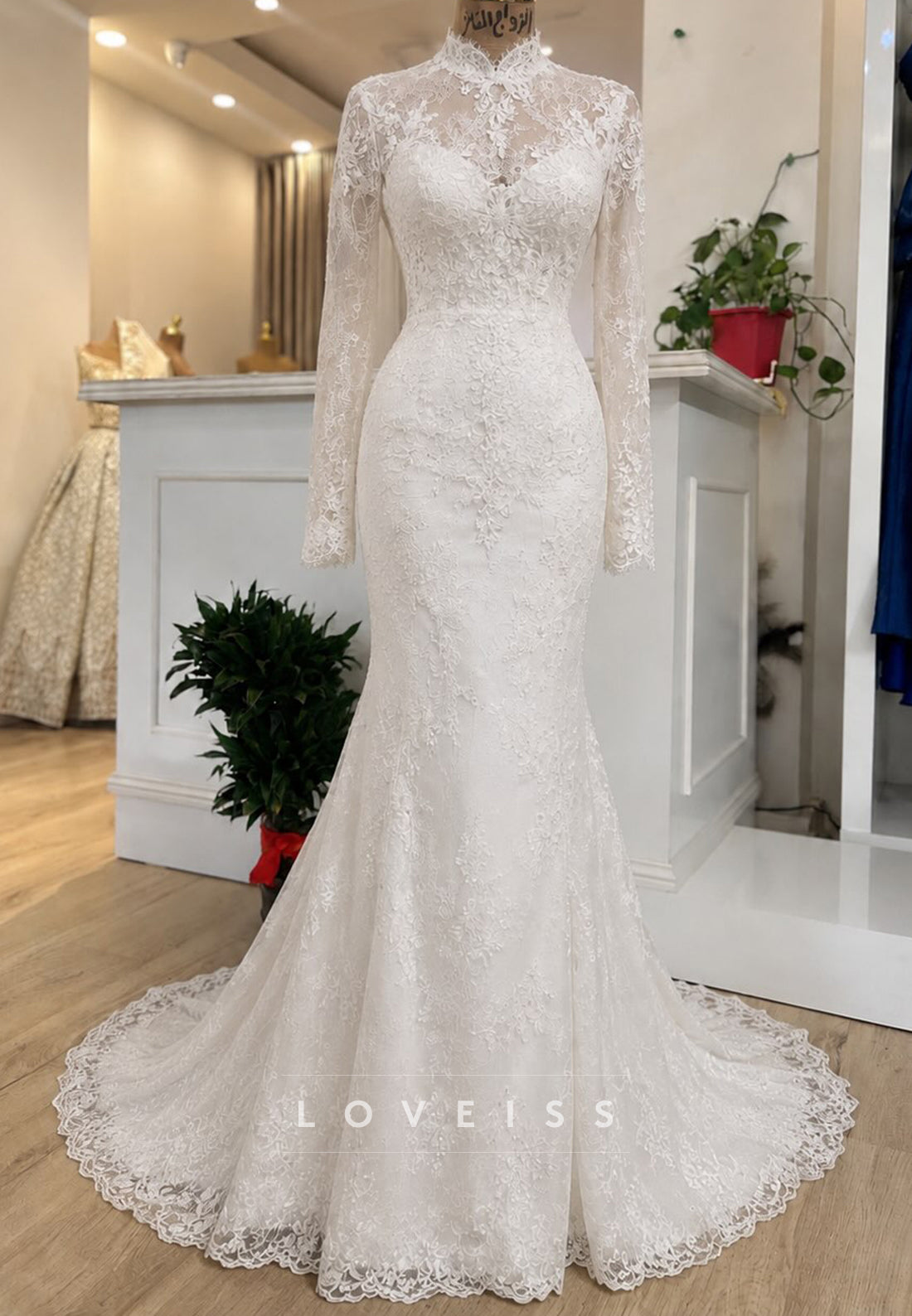 High Neck Lace Mermaid Wedding Dress
