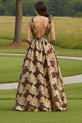 Ruffled Metallic Floral V-Neck Evening Gown