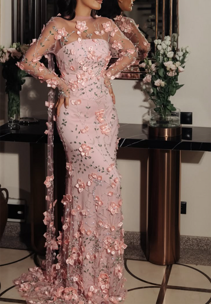 3D Floral Applique Illusion Long Sleeve Evening Gown