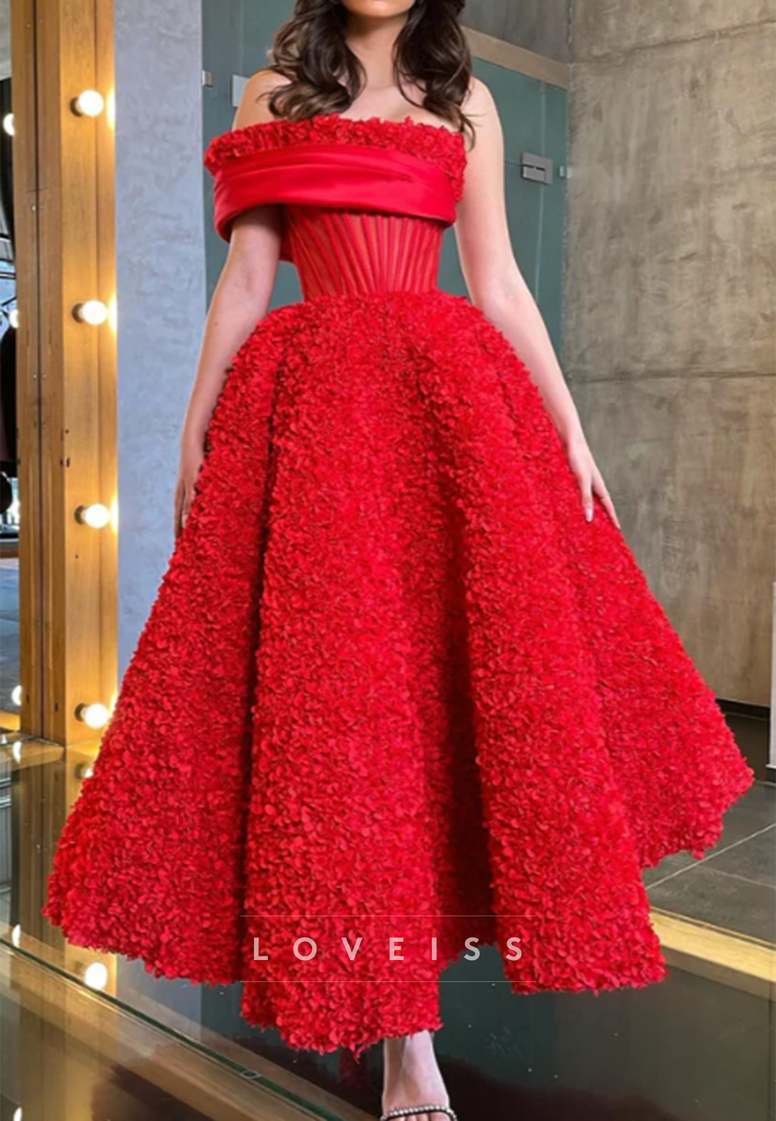 Corset Off-the-Shoulder 3D Floral A-Line Dress