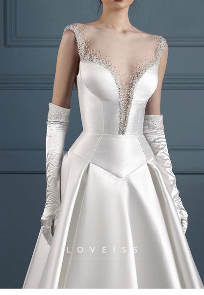 Beaded Illusion Neckline Satin Ball Gown