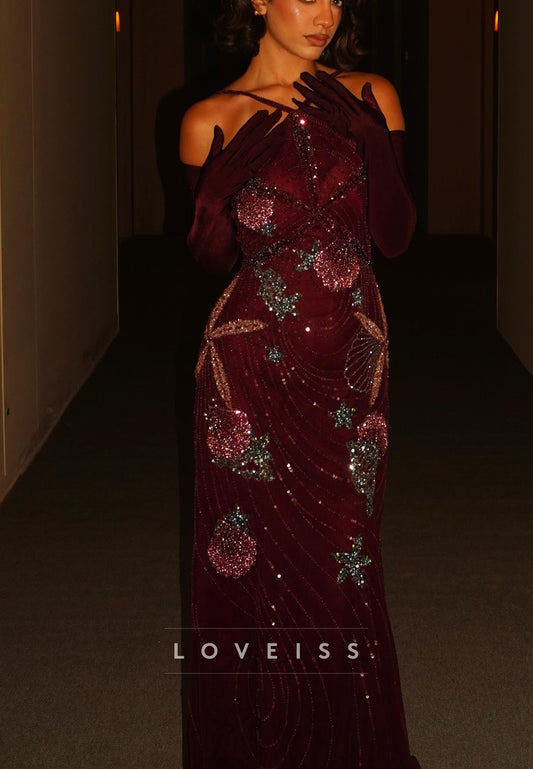 Beaded Halter Neck Evening Gown with Gloves