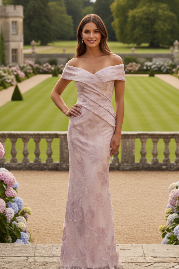 Off-the-Shoulder Floral Jacquard Column Gown
