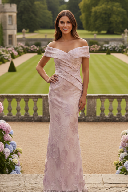 Off-the-Shoulder Floral Jacquard Column Gown