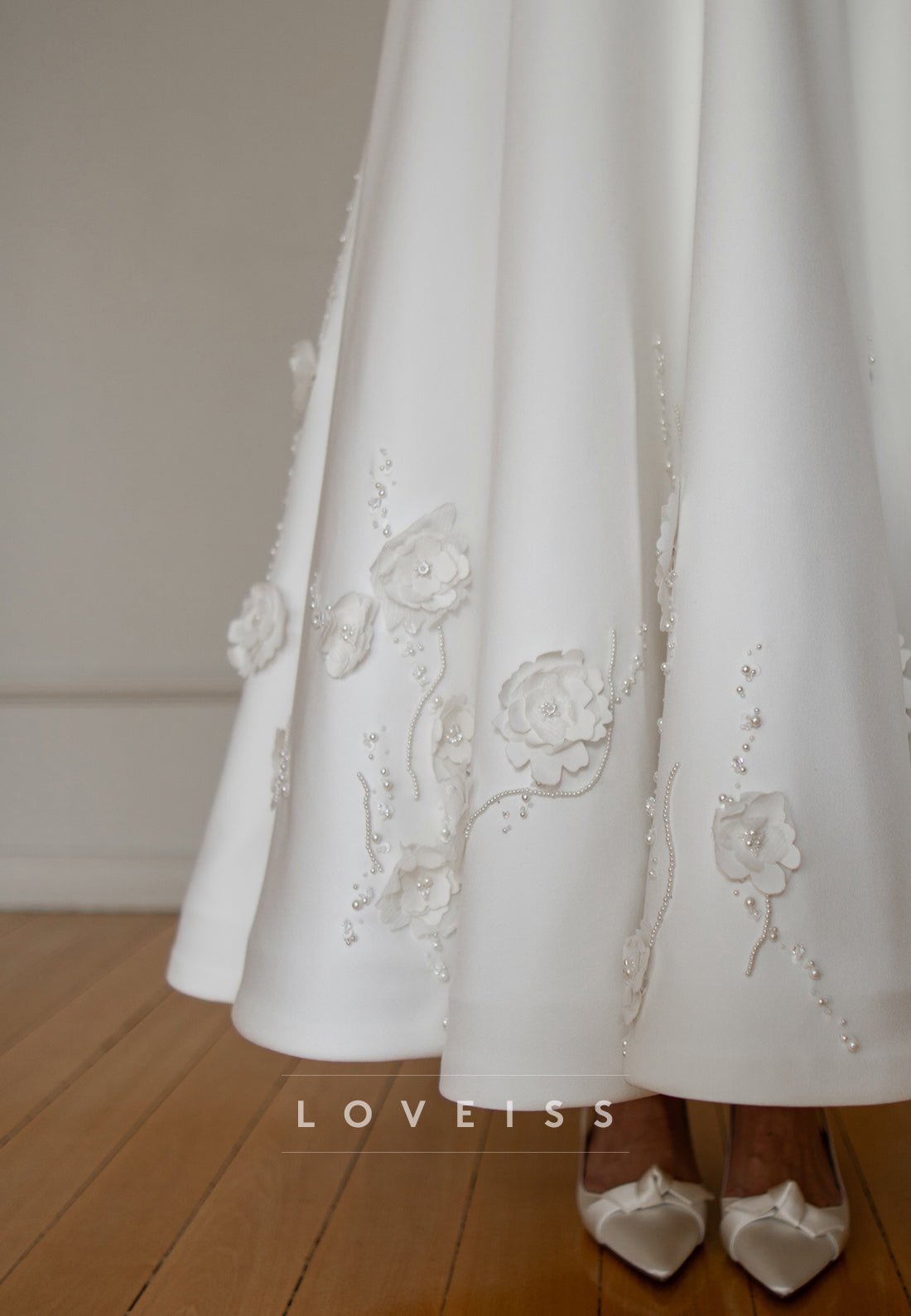 Satin A-Line Wedding Dress with 3D Floral & Pearl Hem