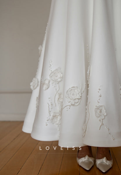 Satin A-Line Wedding Dress with 3D Floral & Pearl Hem