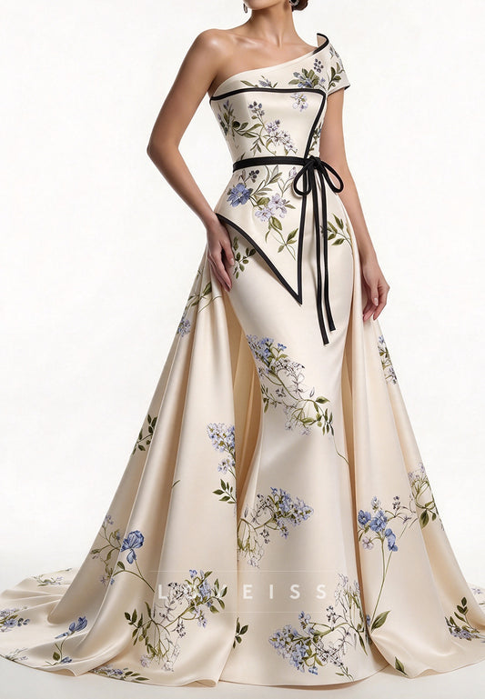 One-Shoulder Floral Evening Gown with Overskirt