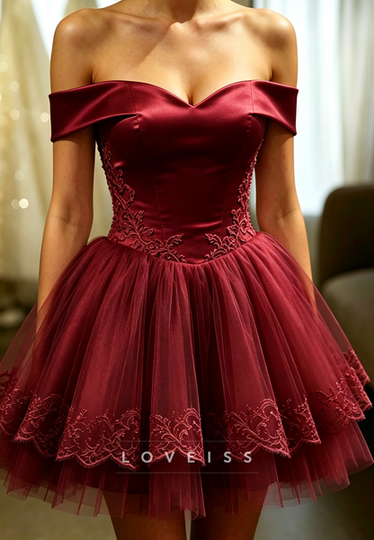 Off-the-Shoulder Lace Applique Tulle Mini Dress