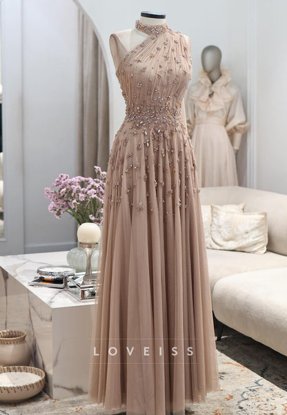 Beaded High Neck Pleated Tulle A-Line Evening Gown