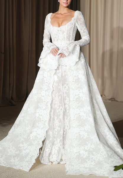 Lace Wedding Dress with Overskirt & Bell Sleeves
