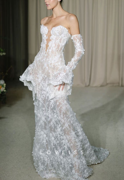 Sheer Lace Mermaid Wedding Dress with Bell Sleeves