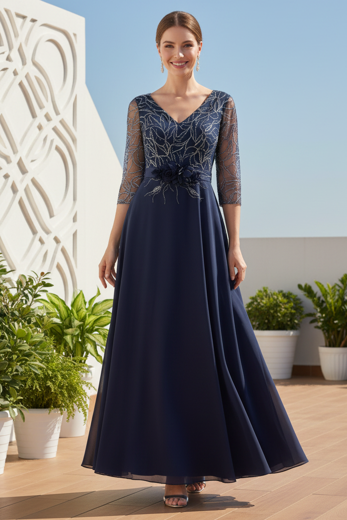 Beaded V-Neck A-Line Evening Dress