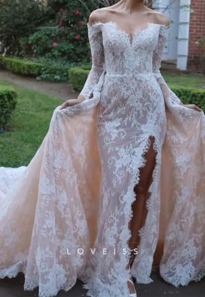 Off-the-Shoulder Lace Wedding Dress with Slit