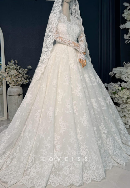 Long Sleeve Lace Ball Gown Wedding Dress with Veil