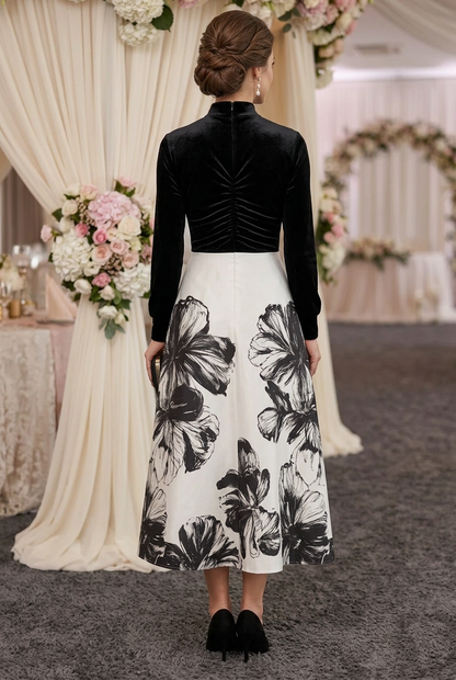 Pleated Bodice Floral Print A-Line Midi Dress