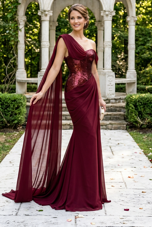 One-Shoulder Cape Gown with Sequin Bodice
