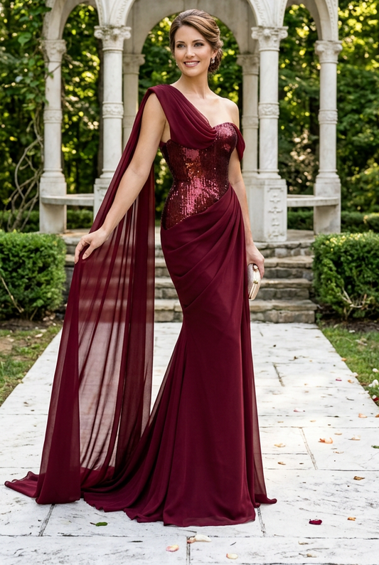 One-Shoulder Cape Gown with Sequin Bodice
