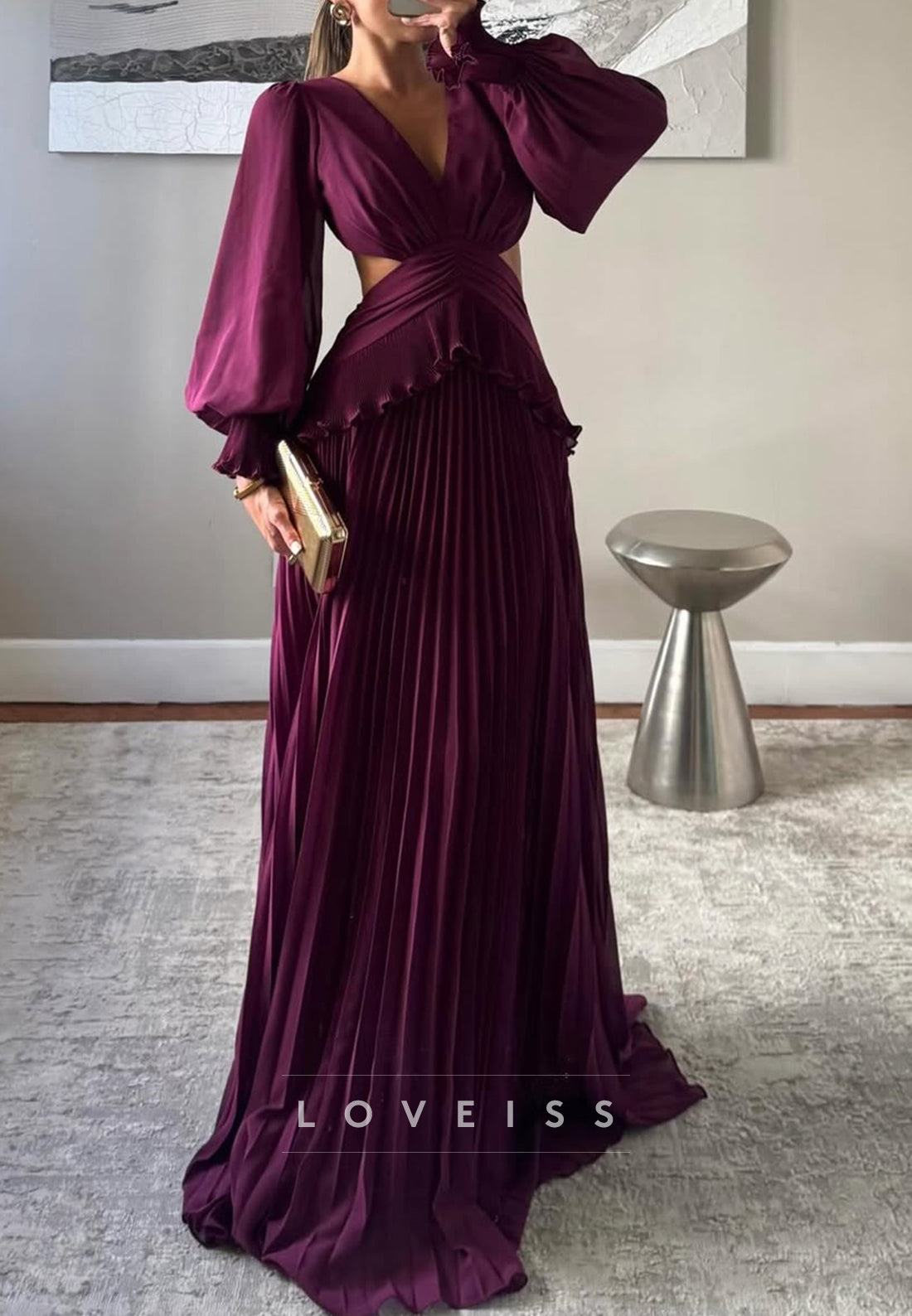 Pleated Cutout Long Sleeve Evening Gown