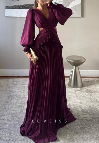 Pleated Cutout Long Sleeve Evening Gown