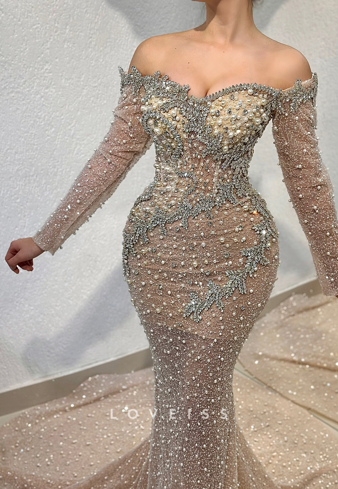 Beaded Pearl Off-the-Shoulder Mermaid Gown