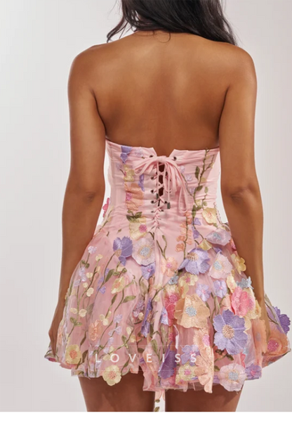 Floral Embroidered Corset Mini Dress with Asymmetrical Hem