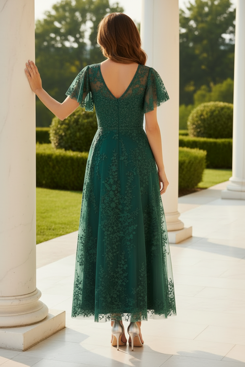 Floral Embroidered Flutter Sleeve Tea-Length Dress
