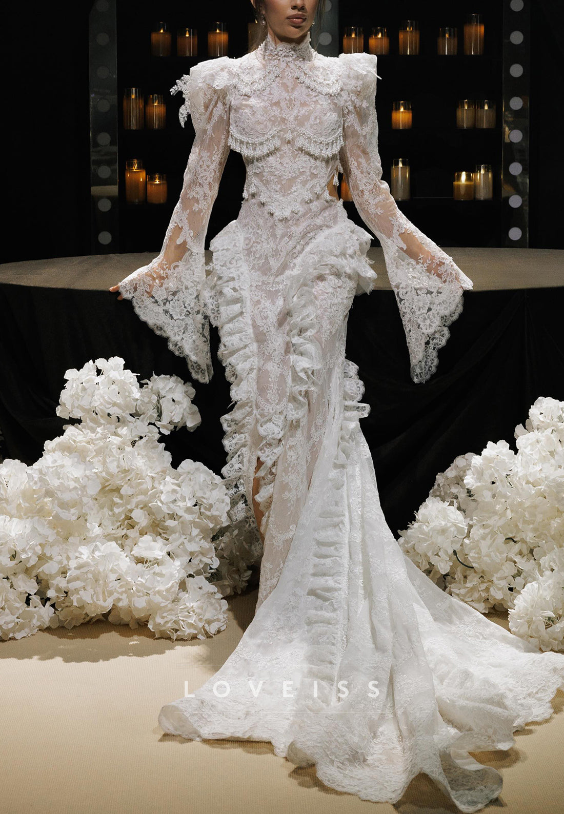 High Neck Lace Mermaid Wedding Dress with Bell Sleeves
