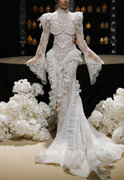 High Neck Lace Mermaid Wedding Dress with Bell Sleeves