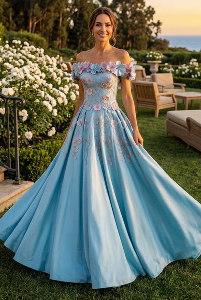 Off-the-Shoulder Floral Applique Ball Gown